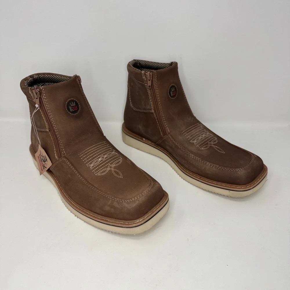 New King Welt Mens Sz 10 Brown Leather Zip Up Square Toe Work Boots
